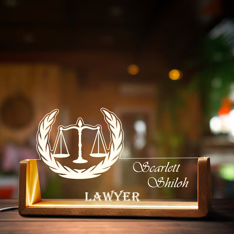 Bazinco Personalized Lawyer LED Name Lamp with Justice Scale Design | Custom Acrylic Desk Lamp Gift for Advocates & Lawyers