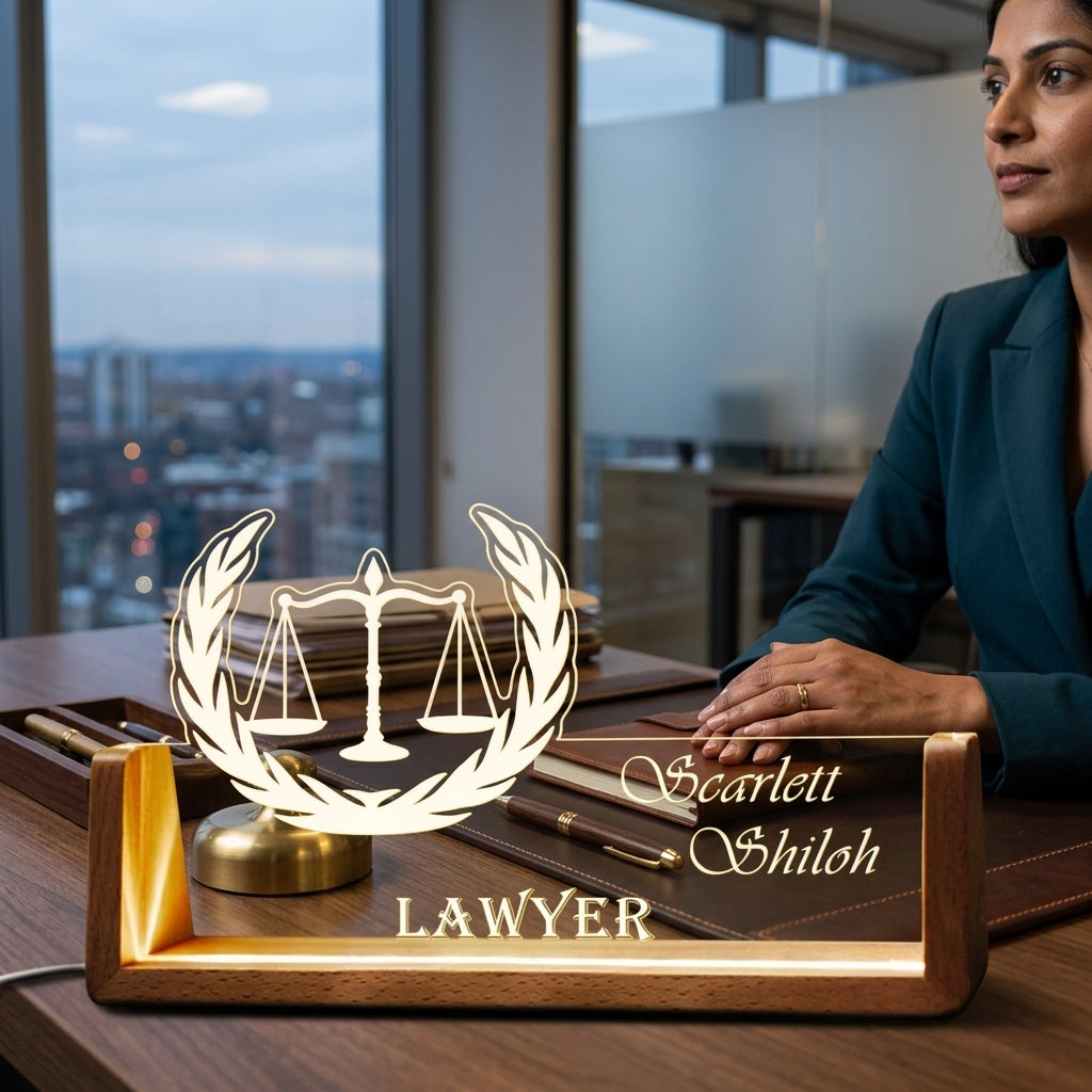 Bazinco Personalized Lawyer LED Name Lamp with Justice Scale Design | Custom Acrylic Desk Lamp Gift for Advocates & Lawyers
