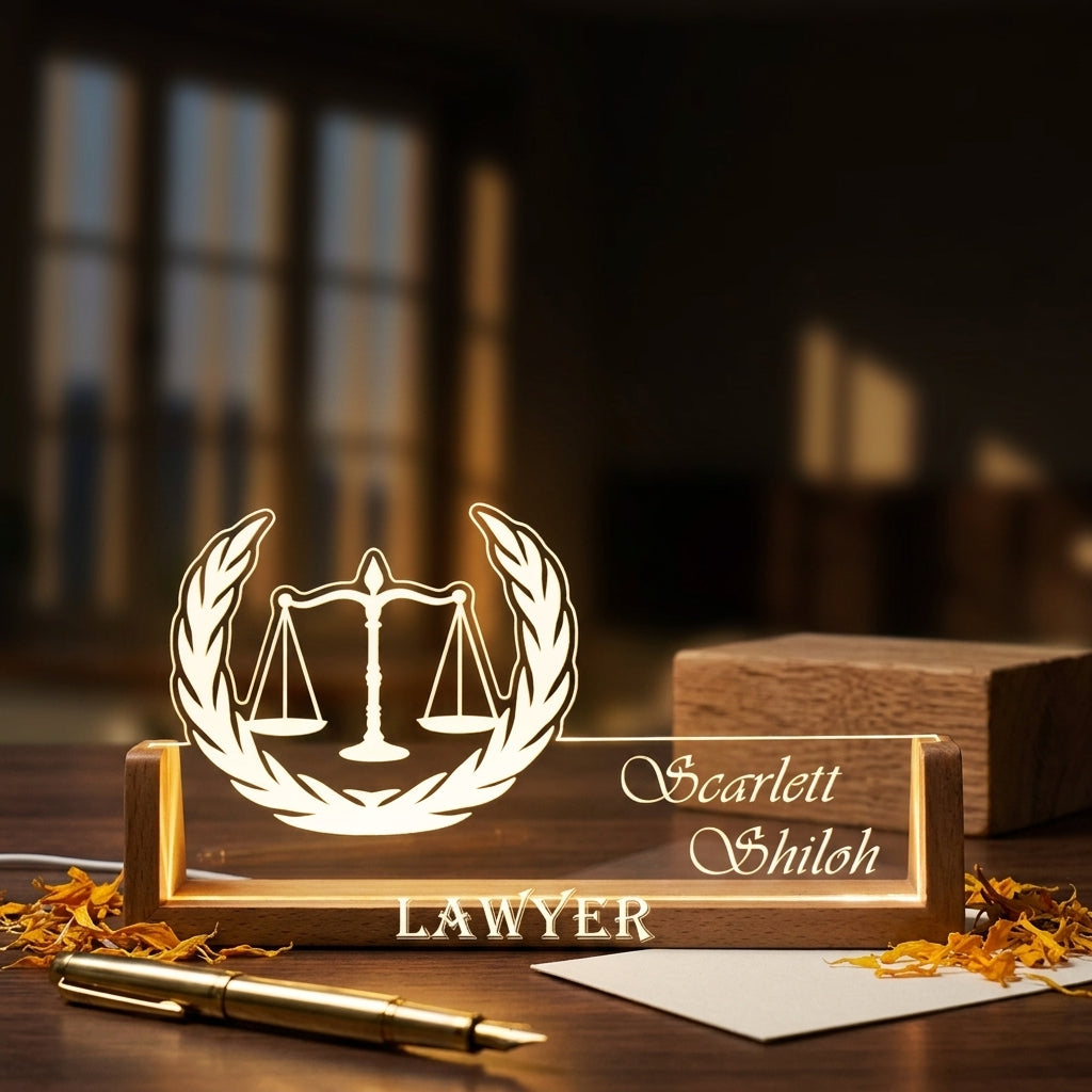 Bazinco Personalized Lawyer LED Name Lamp with Justice Scale Design | Custom Acrylic Desk Lamp Gift for Advocates & Lawyers
