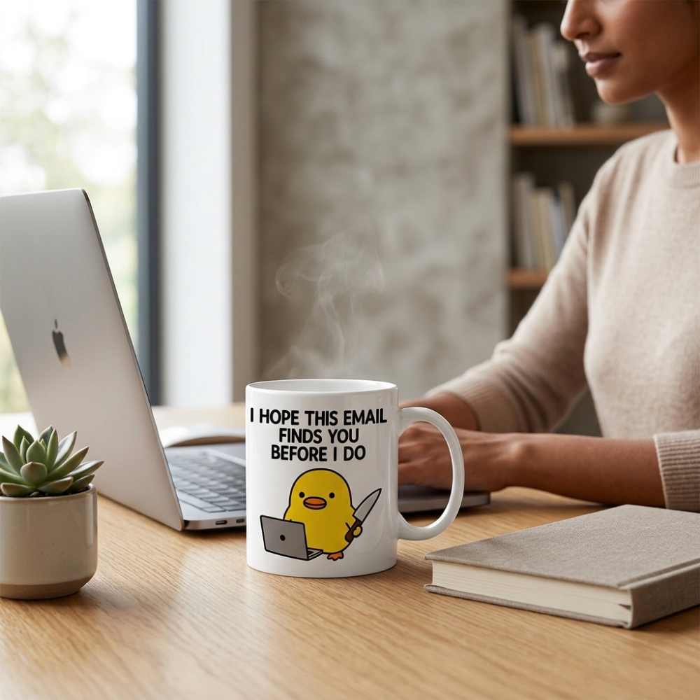 Bazinco Funny Office Email Mug | Cute Cartoon Chick Ceramic Coffee Mug | Humorous Work Quote Coffee Cup | Novelty Office Gift | 325 ml