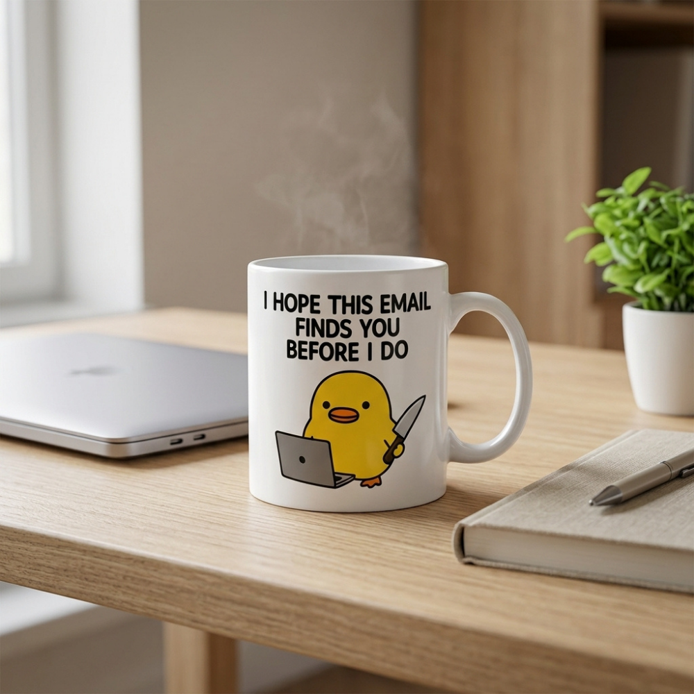 Bazinco Funny Office Email Mug | Cute Cartoon Chick Ceramic Coffee Mug | Humorous Work Quote Coffee Cup | Novelty Office Gift | 325 ml