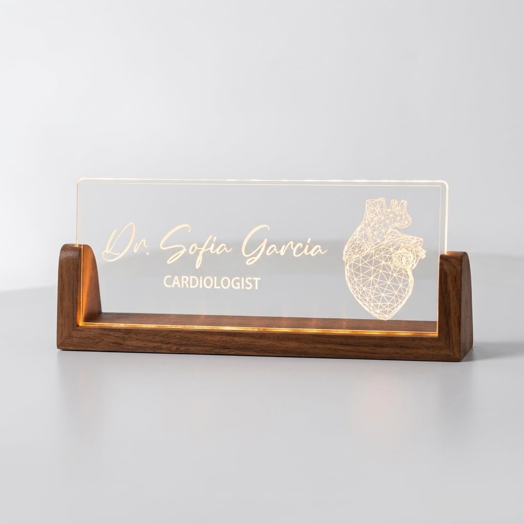 Bazinco Personalized Cardiologist LED Name Lamp | Custom Acrylic Doctor Name Plate with Wooden Base for Office, Clinic & Desk