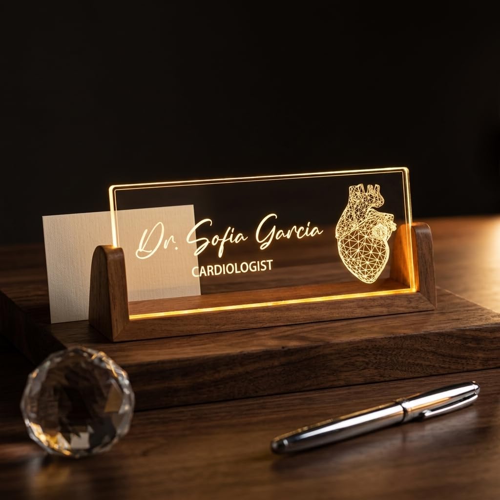 Bazinco Personalized Cardiologist LED Name Lamp | Custom Acrylic Doctor Name Plate with Wooden Base for Office, Clinic & Desk