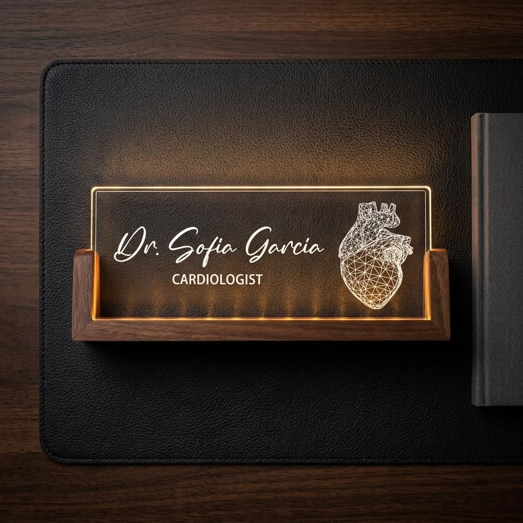 Bazinco Personalized Cardiologist LED Name Lamp | Custom Acrylic Doctor Name Plate with Wooden Base for Office, Clinic & Desk