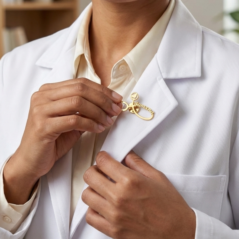 Personalized Doctor Name Brooch with Stethoscope Design – Medical Badge Pin | Bazinco