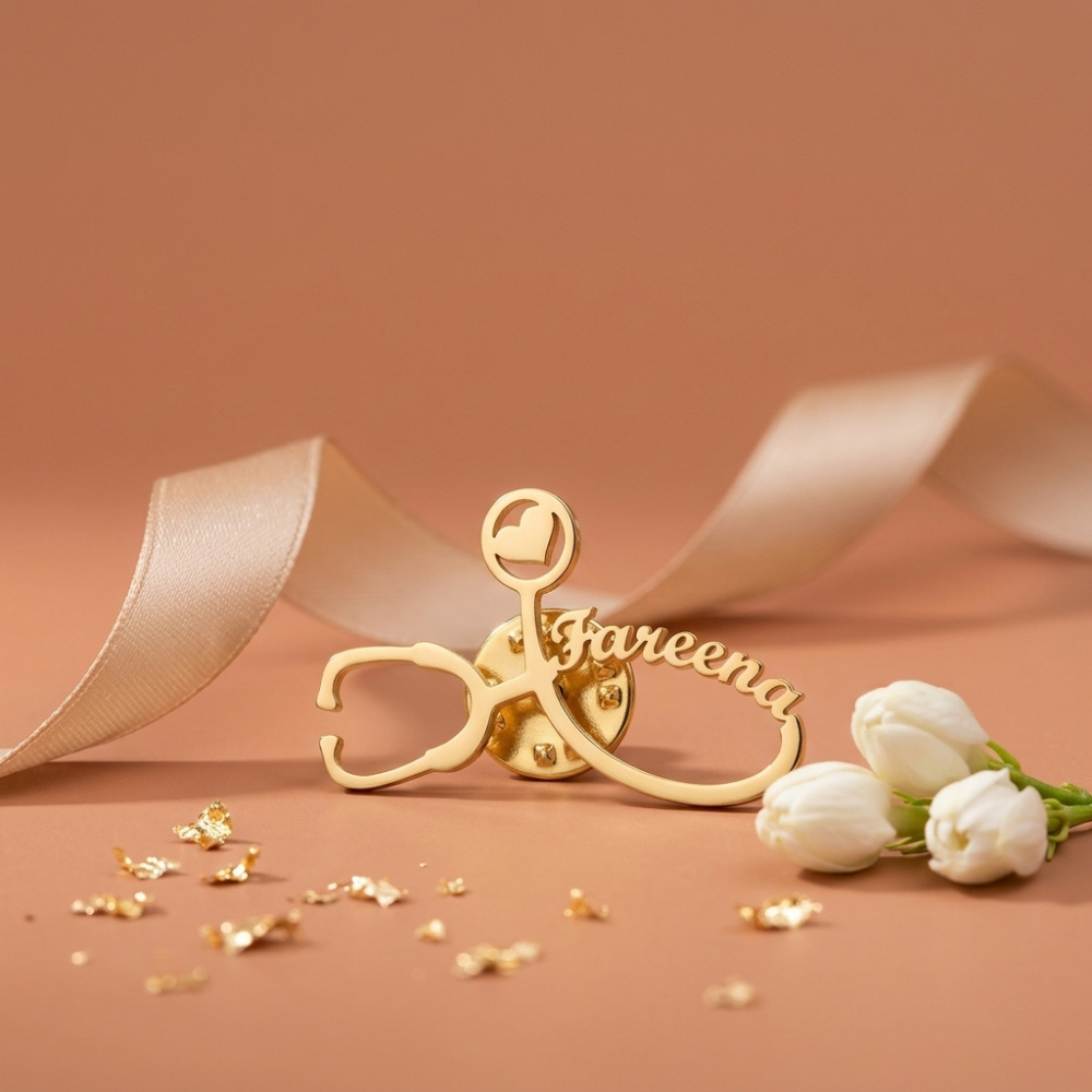 Personalized Doctor Name Brooch with Stethoscope Design – Medical Badge Pin | Bazinco