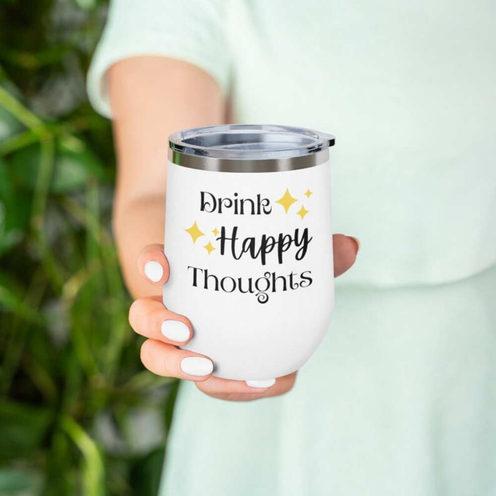Bazinco Drink Happy Thoughts Insulated Tumbler with Lid – Stainless Steel Travel Coffee Mug, Motivational Wine Tumbler Gift for Women, Hot & Cold Beverage Cup
