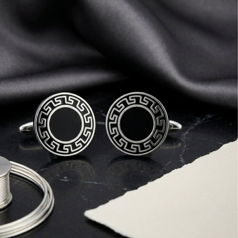 Bazinco Classic Black Enamel Cufflinks for Men – Premium Round Formal Shirt Cufflinks for Business & Wedding Wear