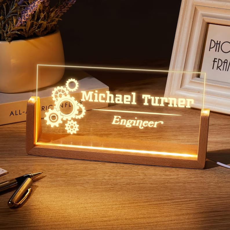 Bazinco Personalized Engineer LED Name Sign with Custom Name – Acrylic Desk Lamp with Gear Design, Engineering Gift & Office Decor