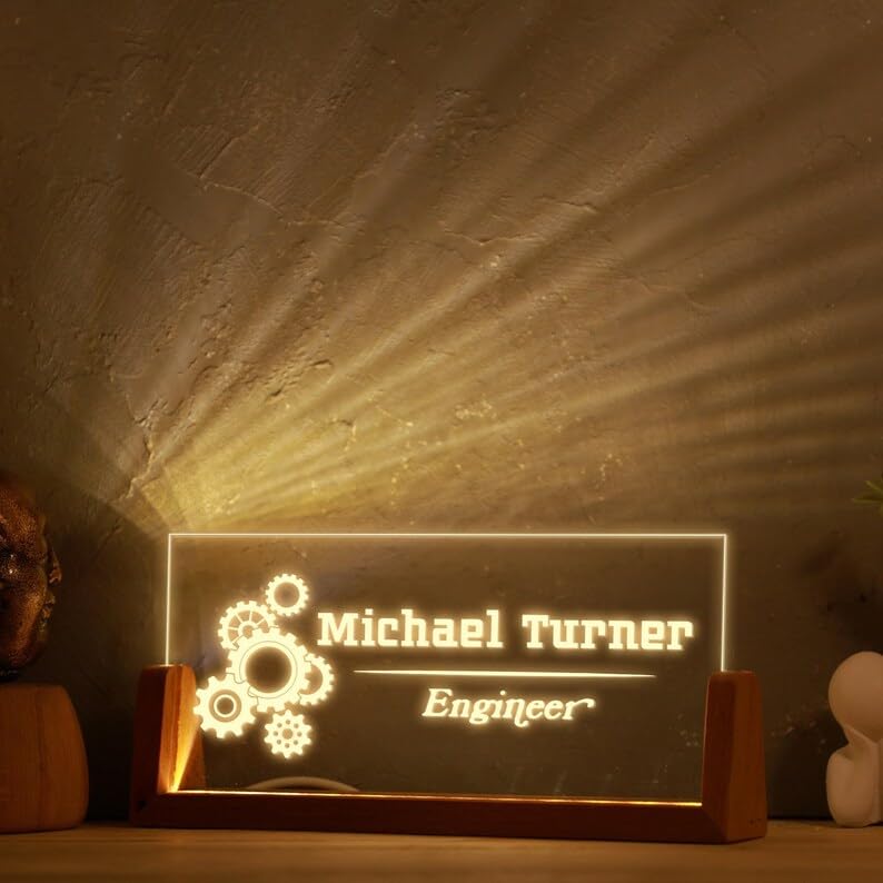 Bazinco Personalized Engineer LED Name Sign with Custom Name – Acrylic Desk Lamp with Gear Design, Engineering Gift & Office Decor