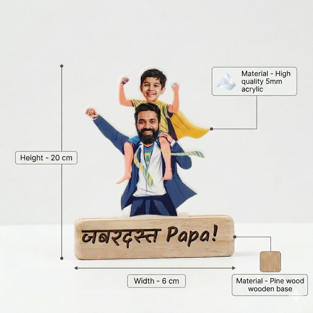 Bazinco Father's Day Personalized Jabardast Papa Caricature | Custom Acrylic Plaque with Wooden Base | Unique Gift for Father, Dad & Papa