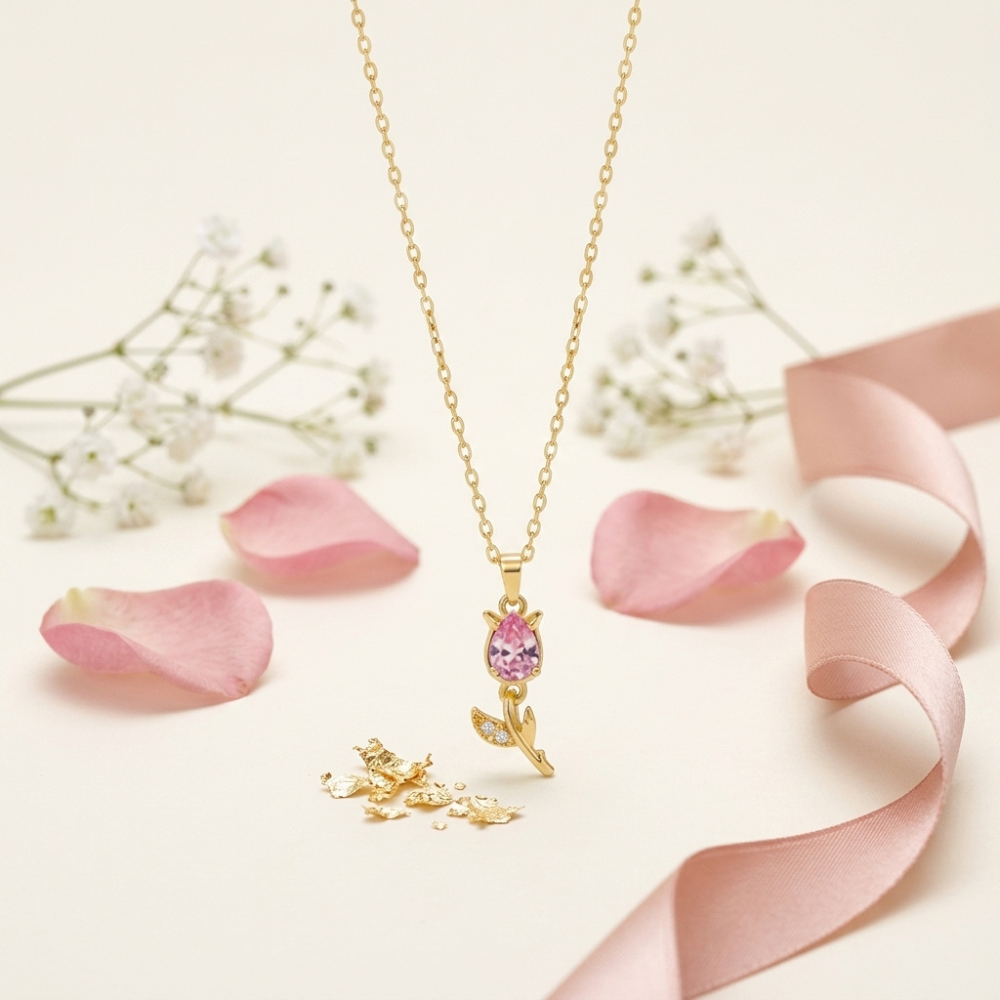 Bazinco Pink Crystal Floral Pendant Necklace for Her | Rose Gold Plated Flower Bud Charm | Elegant Fashion Jewelry