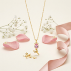 Bazinco Pink Crystal Floral Pendant Necklace for Her | Rose Gold Plated Flower Bud Charm | Elegant Fashion Jewelry