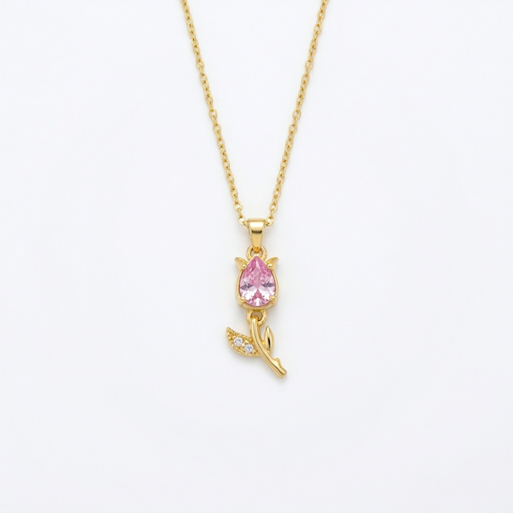Bazinco Pink Crystal Floral Pendant Necklace for Her | Rose Gold Plated Flower Bud Charm | Elegant Fashion Jewelry