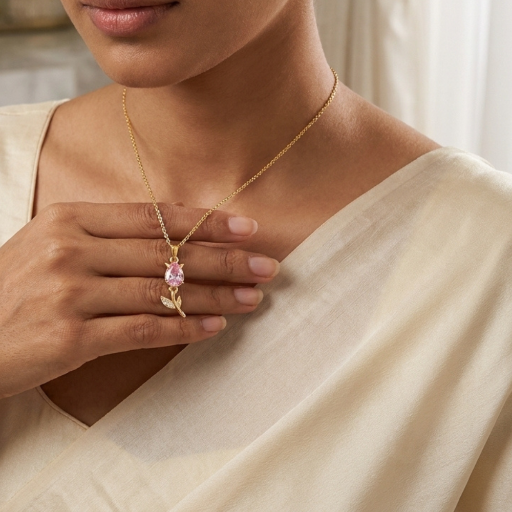 Bazinco Pink Crystal Floral Pendant Necklace for Her | Rose Gold Plated Flower Bud Charm | Elegant Fashion Jewelry