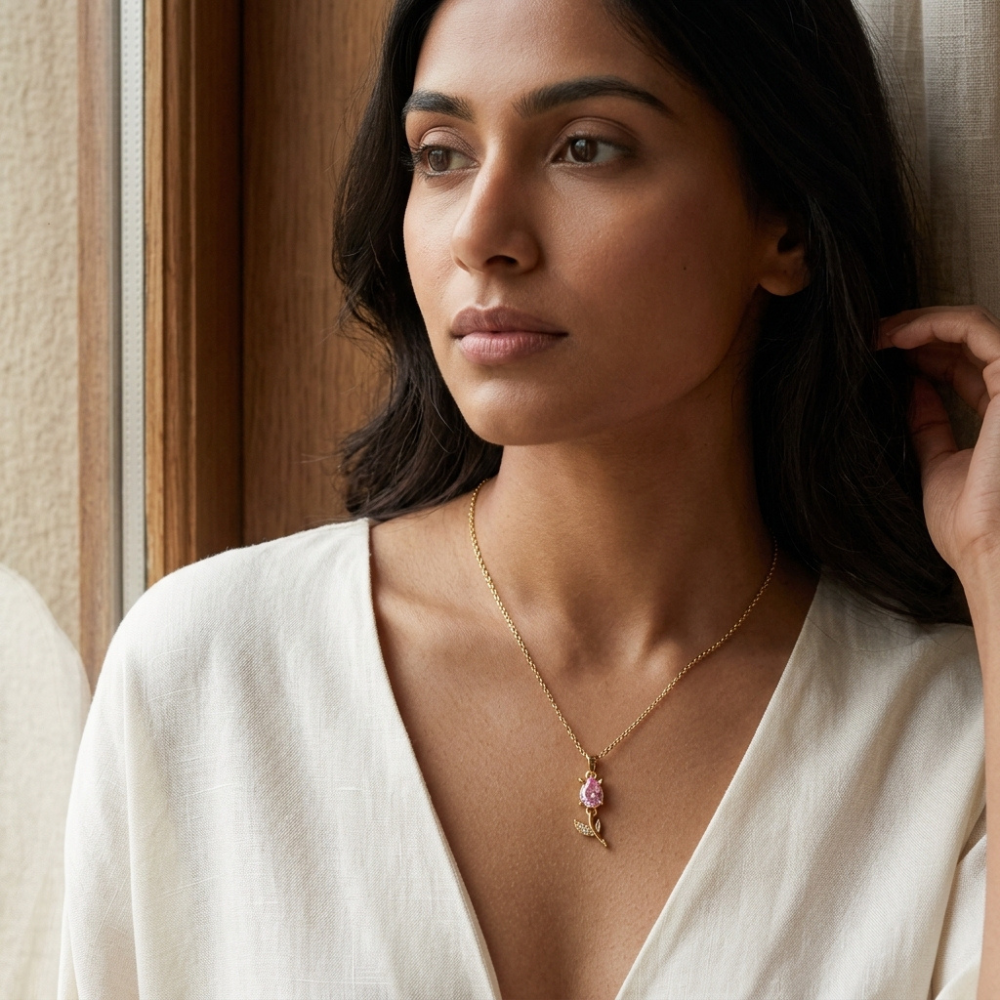 Bazinco Pink Crystal Floral Pendant Necklace for Her | Rose Gold Plated Flower Bud Charm | Elegant Fashion Jewelry