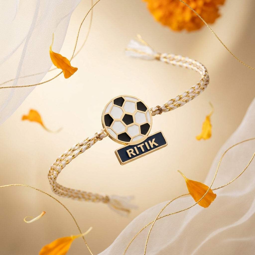Bazinco Personalized Football Rakhi with Custom Name | Soccer Ball Rakhi for Brother | Sports Lover Raksha Bandhan Gift