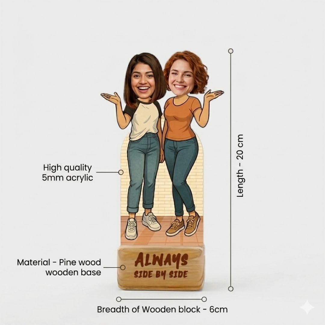 Bazinco Forever Besties Personalized Caricature | Custom Friendship Acrylic Plaque with Wooden Base | Best Friend Gift for Birthday, Friendship Day & Special Occasions