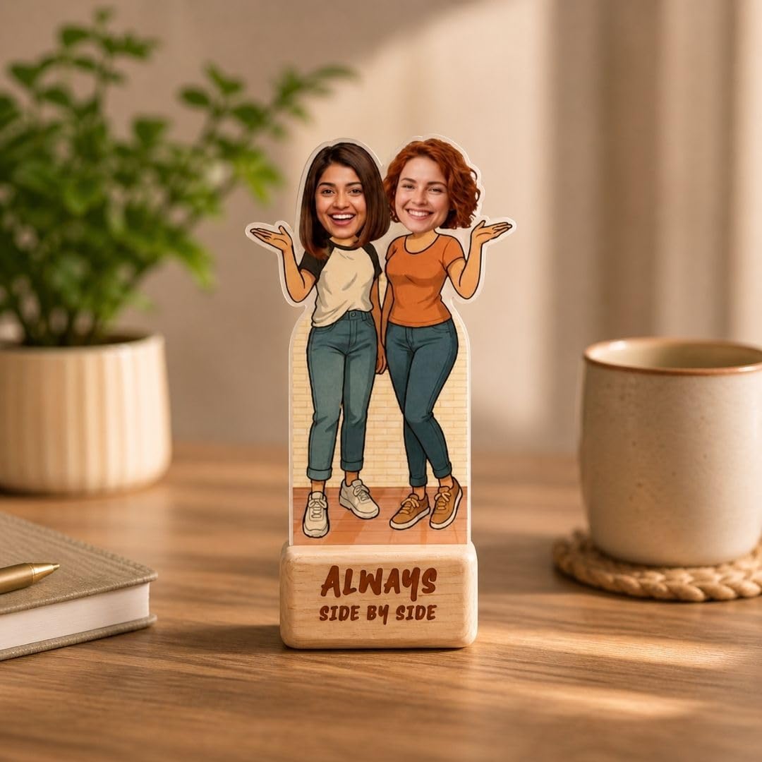 Bazinco Forever Besties Personalized Caricature | Custom Friendship Acrylic Plaque with Wooden Base | Best Friend Gift for Birthday, Friendship Day & Special Occasions