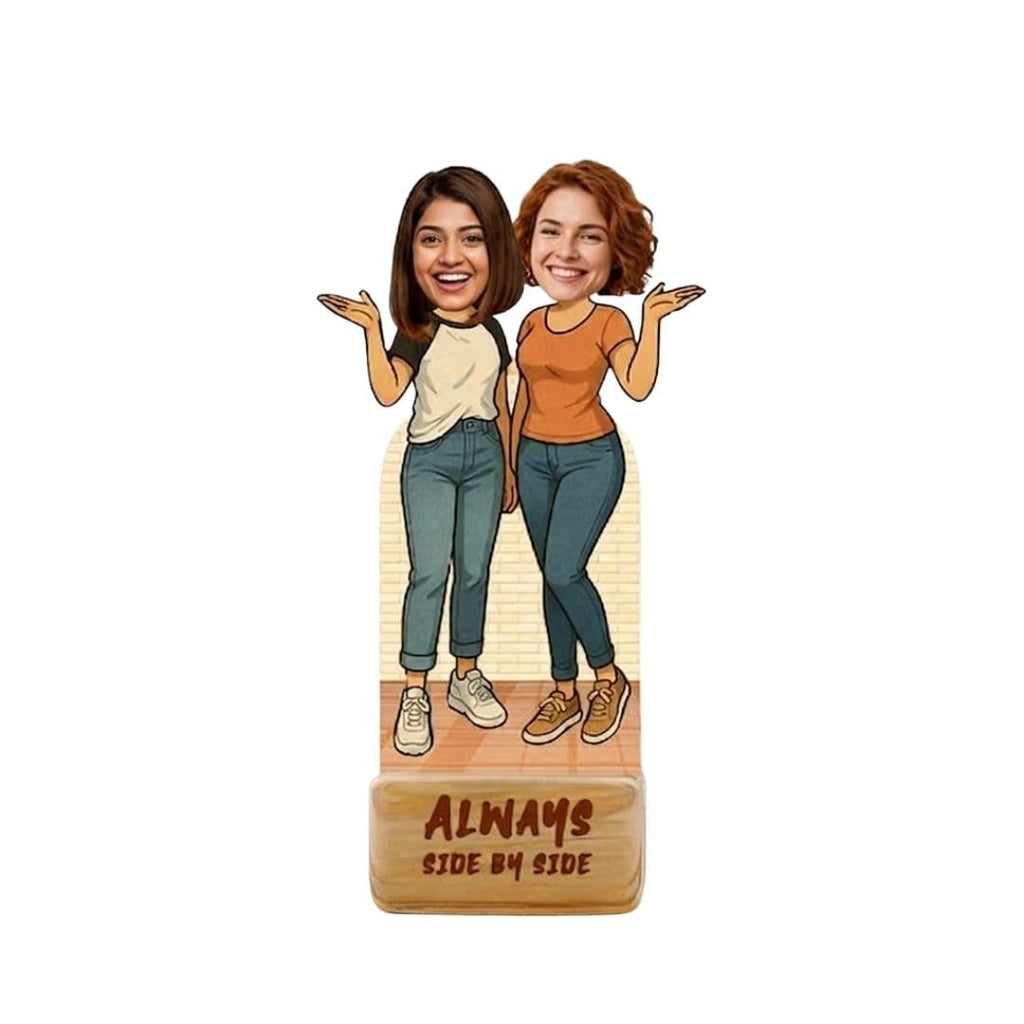 Bazinco Forever Besties Personalized Caricature | Custom Friendship Acrylic Plaque with Wooden Base | Best Friend Gift for Birthday, Friendship Day & Special Occasions