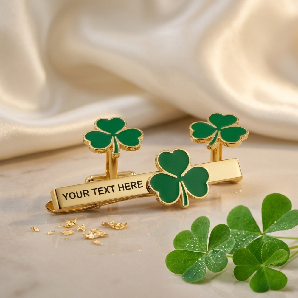 Bazinco Personalized Four Leaf Clover Cufflinks & Tie Bar Set – Lucky Shamrock Gold Finish Accessories for Men