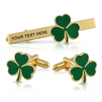 Bazinco Personalized Four Leaf Clover Cufflinks & Tie Bar Set – Lucky Shamrock Gold Finish Accessories for Men