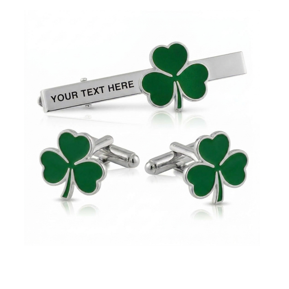 Bazinco Personalized Four Leaf Clover Cufflinks & Tie Bar Set – Lucky Shamrock Gold Finish Accessories for Men