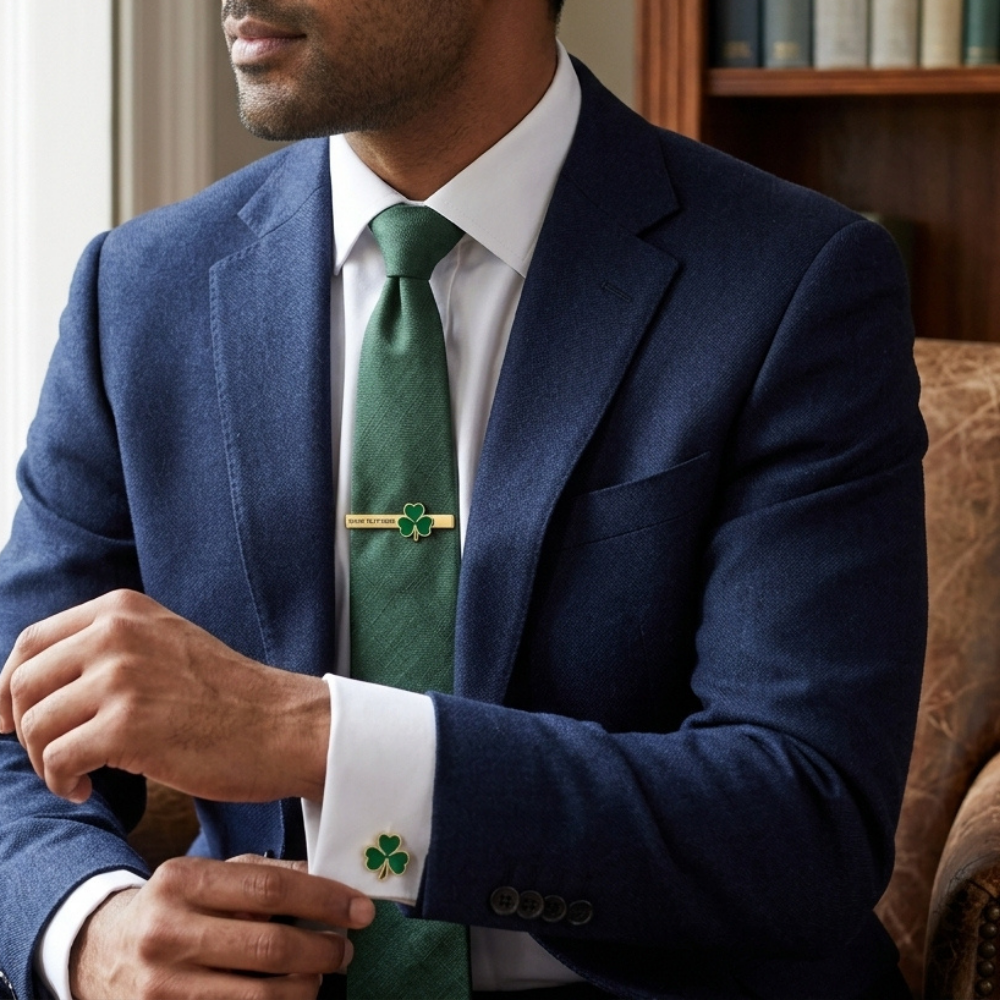 Bazinco Personalized Four Leaf Clover Cufflinks & Tie Bar Set – Lucky Shamrock Gold Finish Accessories for Men