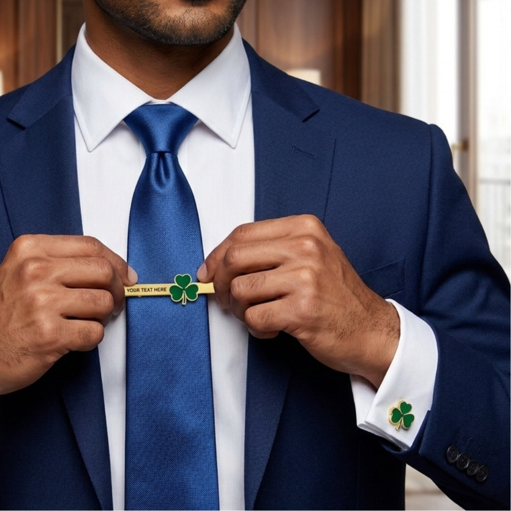 Bazinco Personalized Four Leaf Clover Cufflinks & Tie Bar Set – Lucky Shamrock Gold Finish Accessories for Men