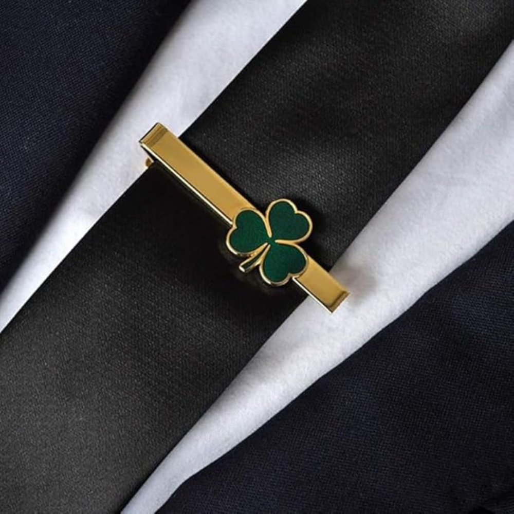 Bazinco Personalized Four Leaf Clover Cufflinks & Tie Bar Set – Lucky Shamrock Gold Finish Accessories for Men