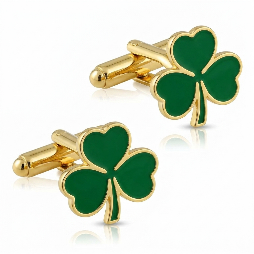 Bazinco Personalized Four Leaf Clover Cufflinks & Tie Bar Set – Lucky Shamrock Gold Finish Accessories for Men