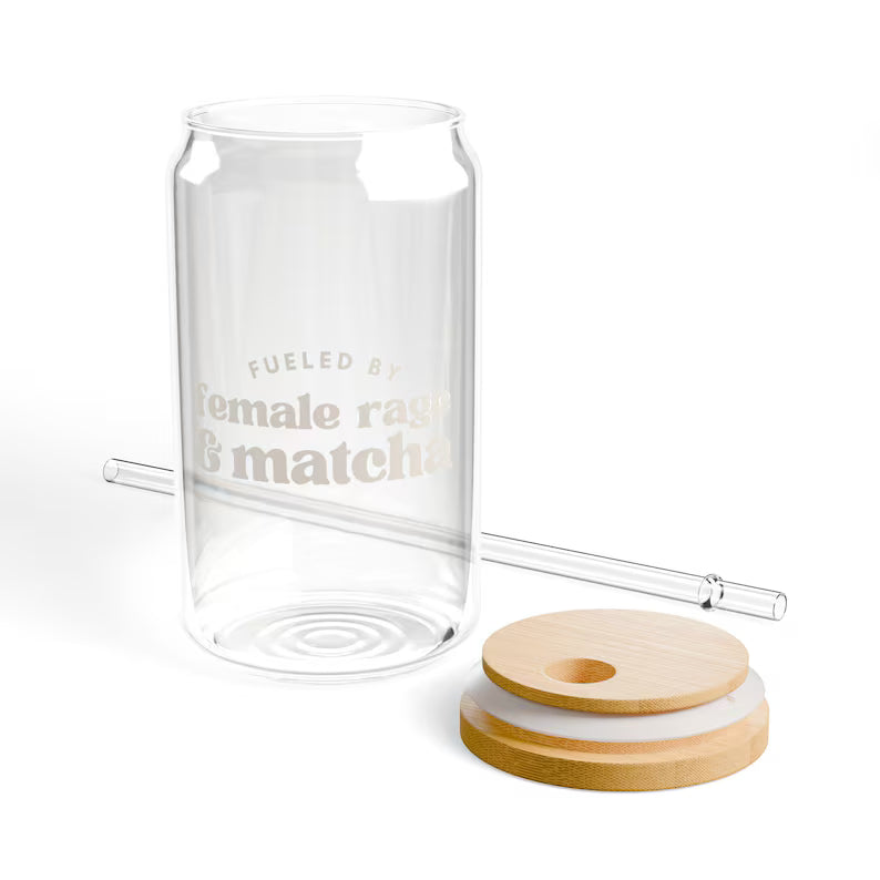Bazinco Fueled by Female Rage & Matcha Glass Can Tumbler with Bamboo Lid & Glass Straw | 16 Oz Aesthetic Iced Coffee Cup | Reusable Matcha Glass for Coffee, Tea & Cold Drinks