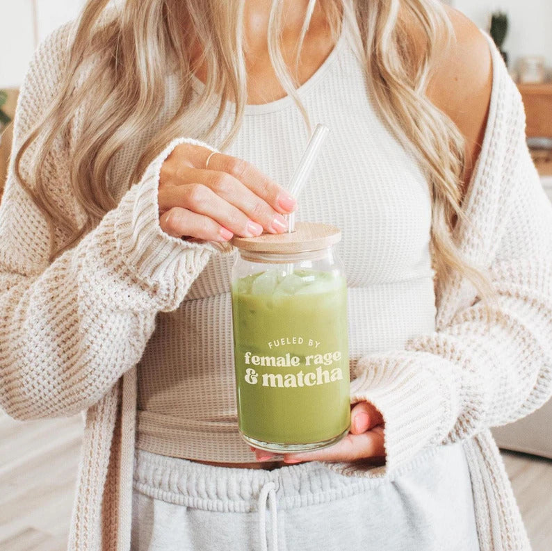 Bazinco Fueled by Female Rage & Matcha Glass Can Tumbler with Bamboo Lid & Glass Straw | 16 Oz Aesthetic Iced Coffee Cup | Reusable Matcha Glass for Coffee, Tea & Cold Drinks