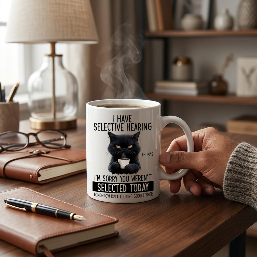 Bazinco Selective Hearing Funny Black Cat Ceramic Coffee Mug | Grumpy Cat Quote Printed Coffee Cup | Premium Funny Cat Lover Mug | Novelty Gift for Home & Office | 325 ml