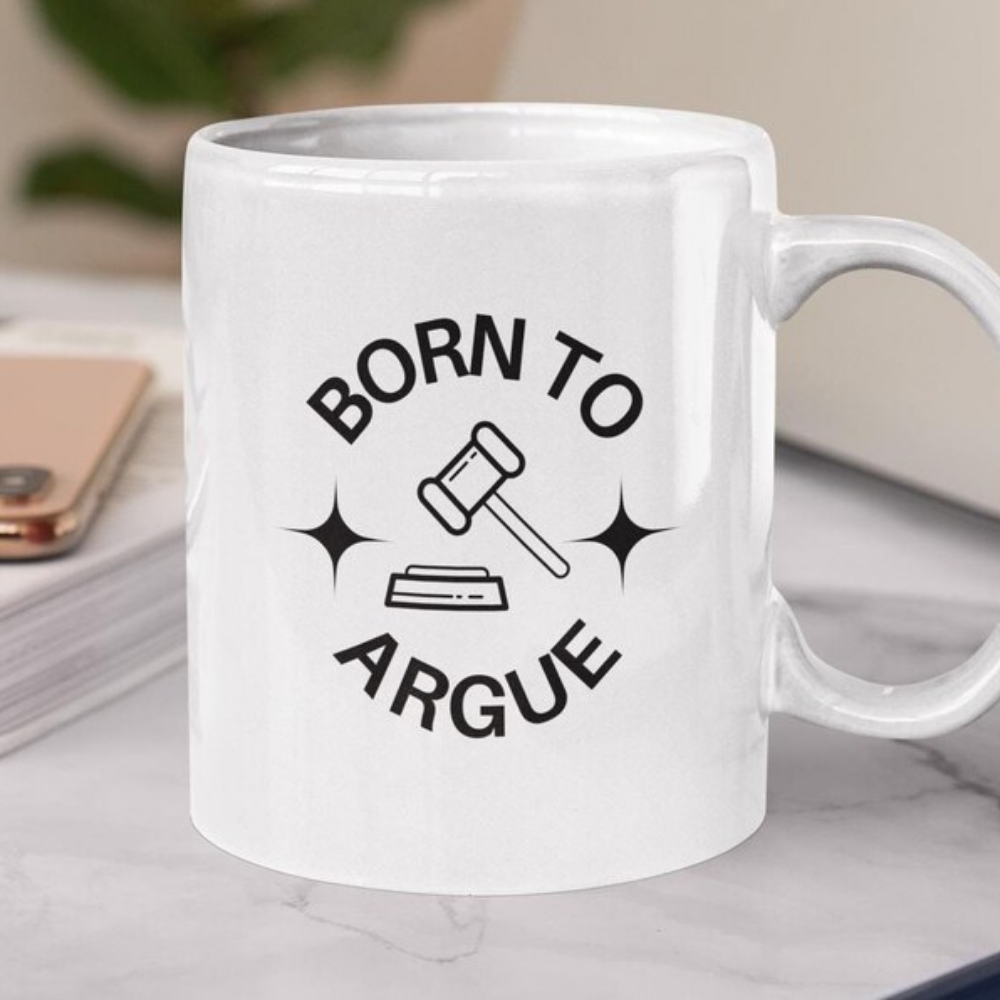 Bazinco Born To Argue Funny Lawyer Mug | Ceramic Coffee Mug with Judge Gavel Design | Gift for Lawyers, Advocates, Law Students & Attorneys | 11 Oz