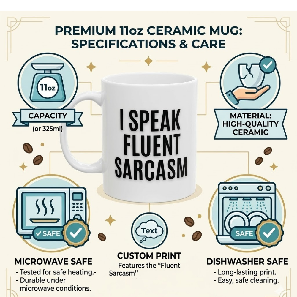 Bazinco I Speak Fluent Sarcasm Ceramic Coffee Mug | Funny Meme Quote Mug | Premium Printed White Mug | Microwave Safe | 11oz