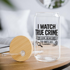 Bazinco I Watch True Crime to Relax Glass Can Cup | Funny True Crime Coffee Glass Tumbler with Bamboo Lid & Glass Straw | Gift for Crime Podcast Lovers