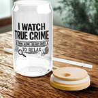 Bazinco I Watch True Crime to Relax Glass Can Cup | Funny True Crime Coffee Glass Tumbler with Bamboo Lid & Glass Straw | Gift for Crime Podcast Lovers