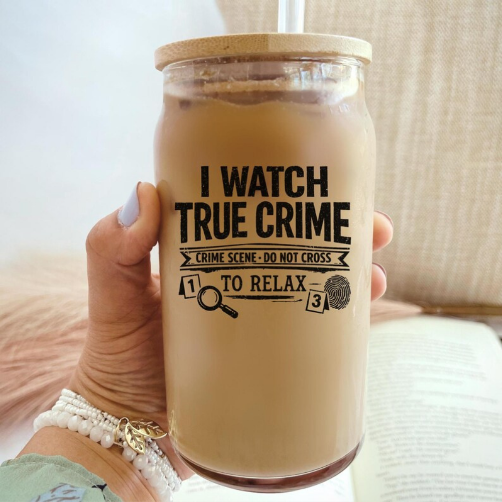 Bazinco I Watch True Crime to Relax Glass Can Cup | Funny True Crime Coffee Glass Tumbler with Bamboo Lid & Glass Straw | Gift for Crime Podcast Lovers