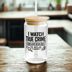 Bazinco I Watch True Crime to Relax Glass Can Cup | Funny True Crime Coffee Glass Tumbler with Bamboo Lid & Glass Straw | Gift for Crime Podcast Lovers
