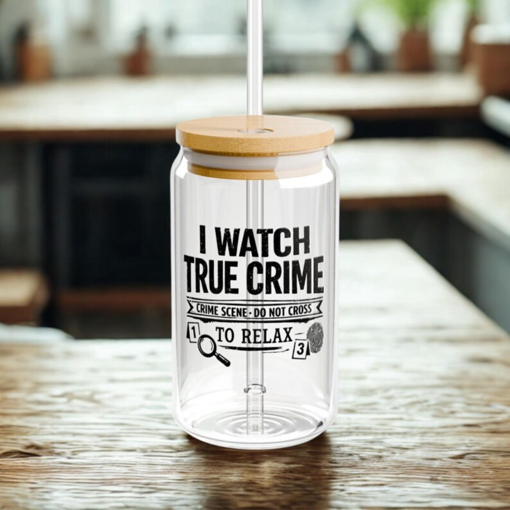 Bazinco I Watch True Crime to Relax Glass Can Cup | Funny True Crime Coffee Glass Tumbler with Bamboo Lid & Glass Straw | Gift for Crime Podcast Lovers