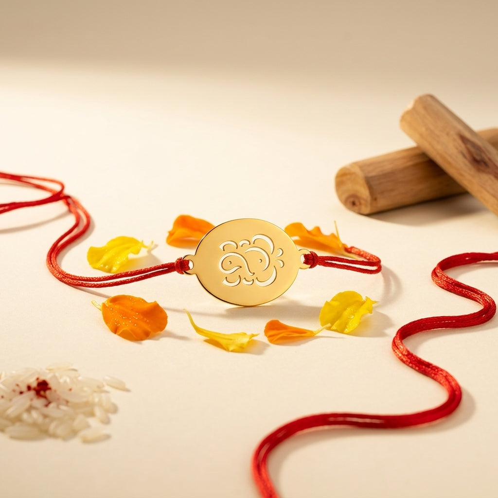 Bazinco Premium Oval Ganpati Symbol Gold Finish Designer Rakhi