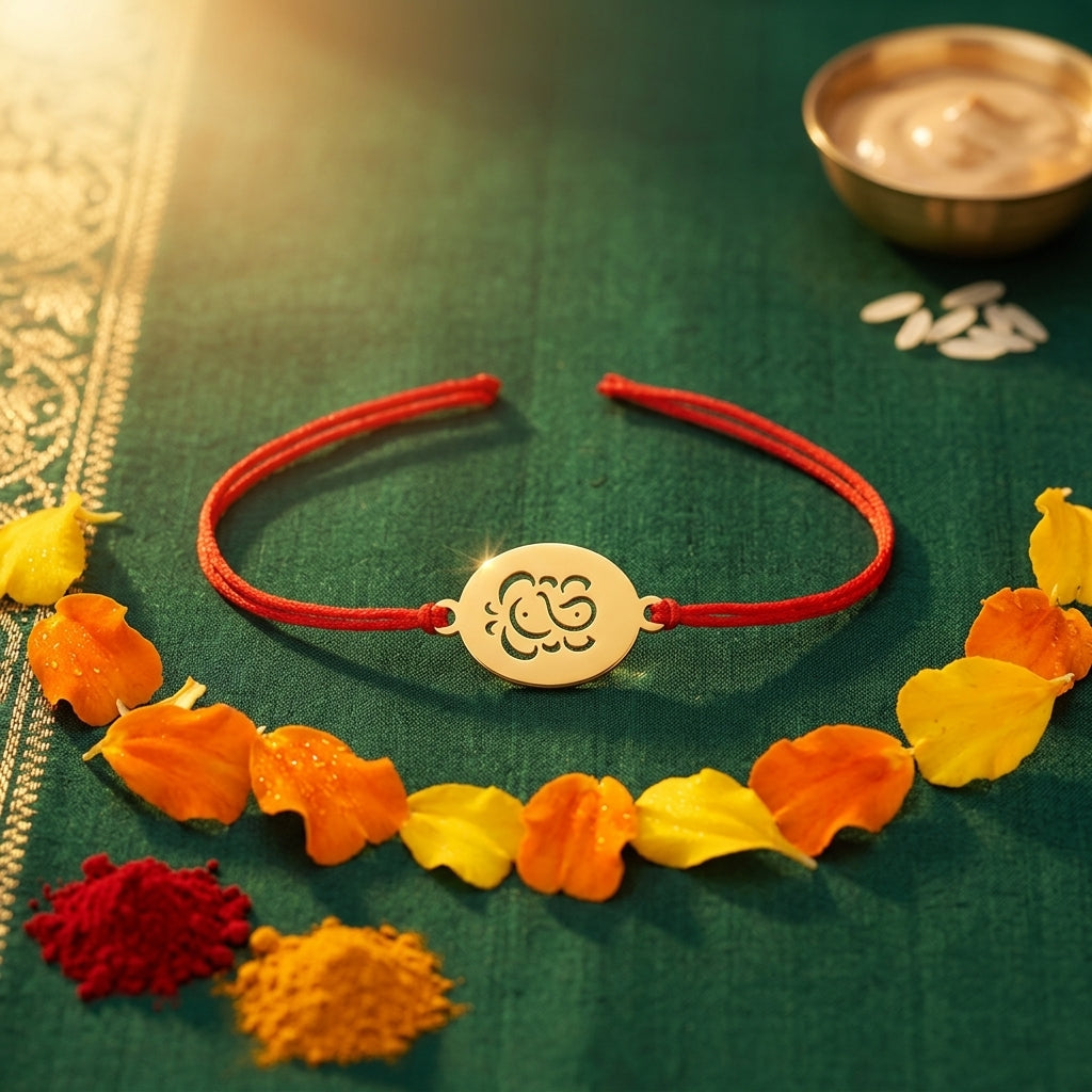 Bazinco Premium Oval Ganpati Symbol Gold Finish Designer Rakhi