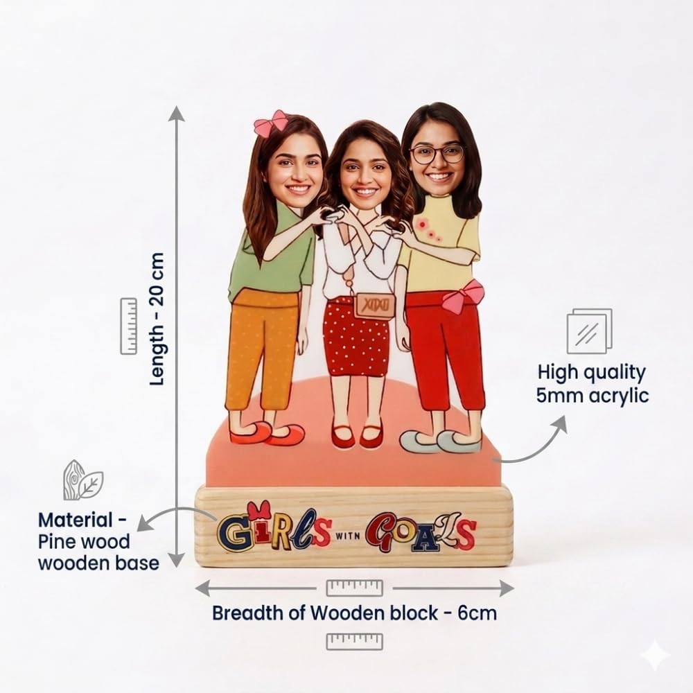 Bazinco Personalized Girl Besties Caricature Acrylic Plaque | Custom Friendship Photo Stand with Wooden Base | Unique Best Friend Gift for Birthday, Friendship Day & Special Occasions