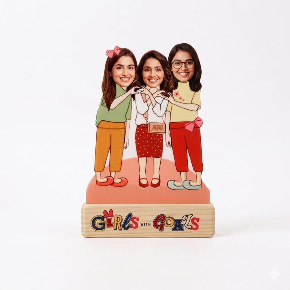 Bazinco Personalized Girl Besties Caricature Acrylic Plaque | Custom Friendship Photo Stand with Wooden Base | Unique Best Friend Gift for Birthday, Friendship Day & Special Occasions