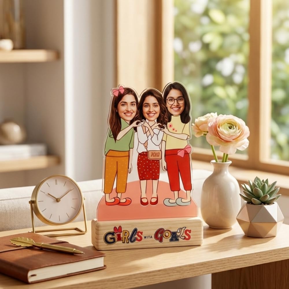 Bazinco Personalized Girl Besties Caricature Acrylic Plaque | Custom Friendship Photo Stand with Wooden Base | Unique Best Friend Gift for Birthday, Friendship Day & Special Occasions