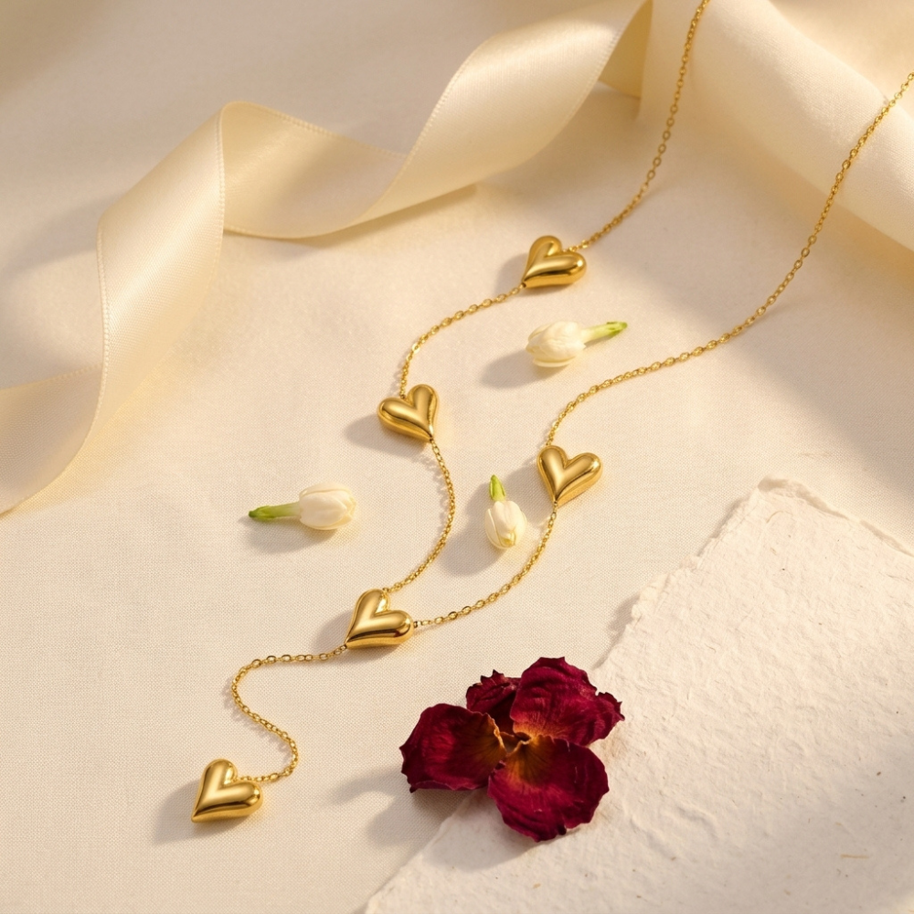 Bazinco Golden Multi Heart Drop Necklace for Women | Minimalist Layered Heart Pendant Necklace