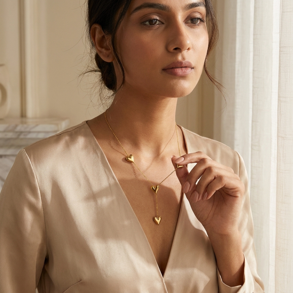Bazinco Golden Multi Heart Drop Necklace for Women | Minimalist Layered Heart Pendant Necklace
