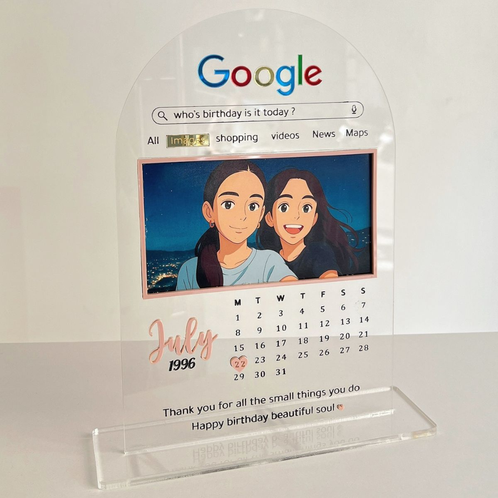 Bazinco Personalized Google Search Birthday Acrylic Photo Frame with Calendar | Custom Photo Birthday Gift | Google Search Theme Acrylic Plaque