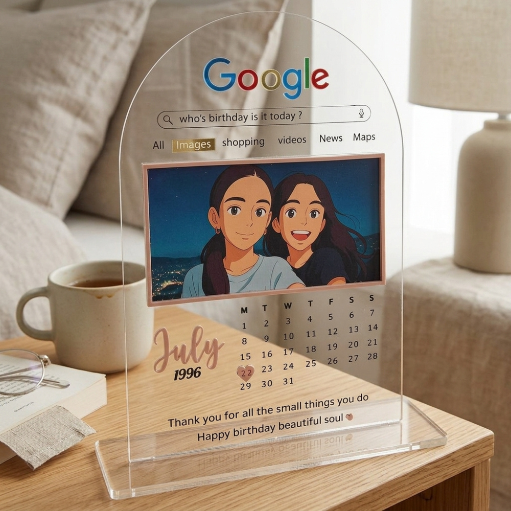 Bazinco Personalized Google Search Birthday Acrylic Photo Frame with Calendar | Custom Photo Birthday Gift | Google Search Theme Acrylic Plaque